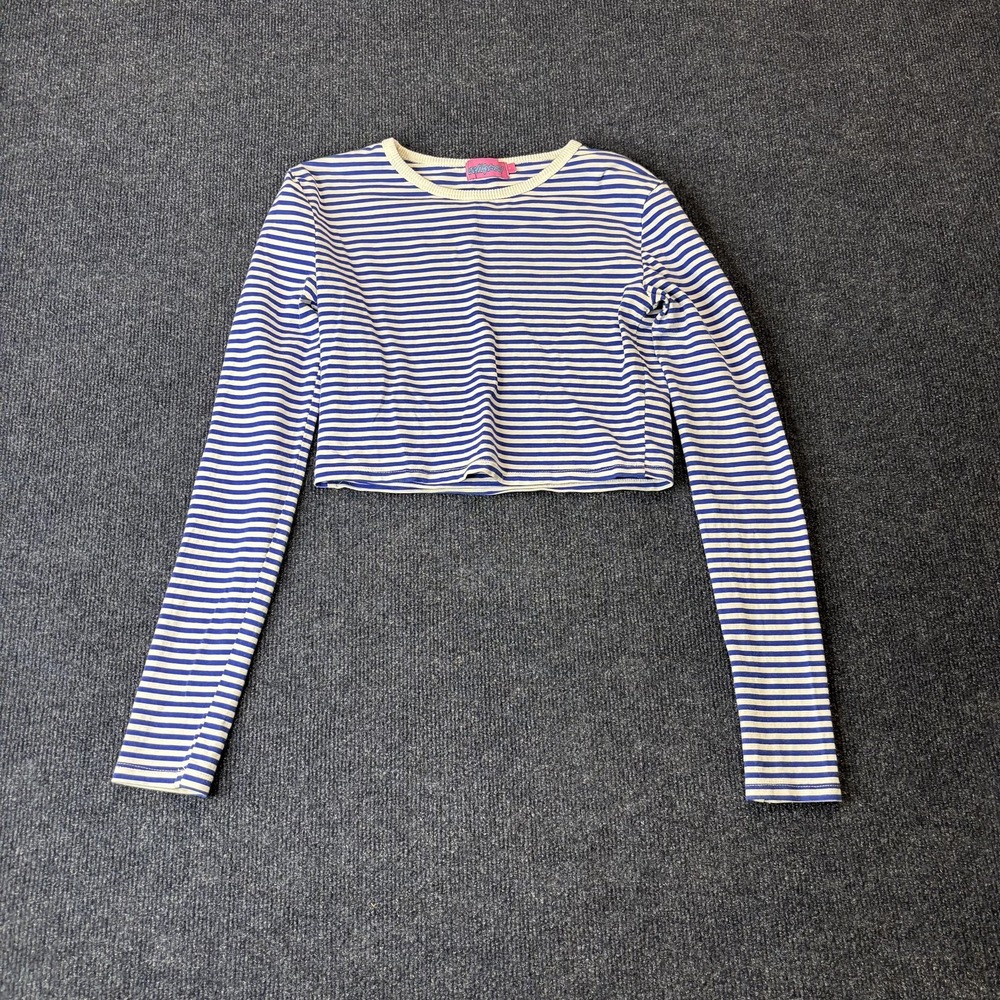 Edikted Shirt‎ Womens Small Blue White Striped Cropped Long Sleeve Tee Top